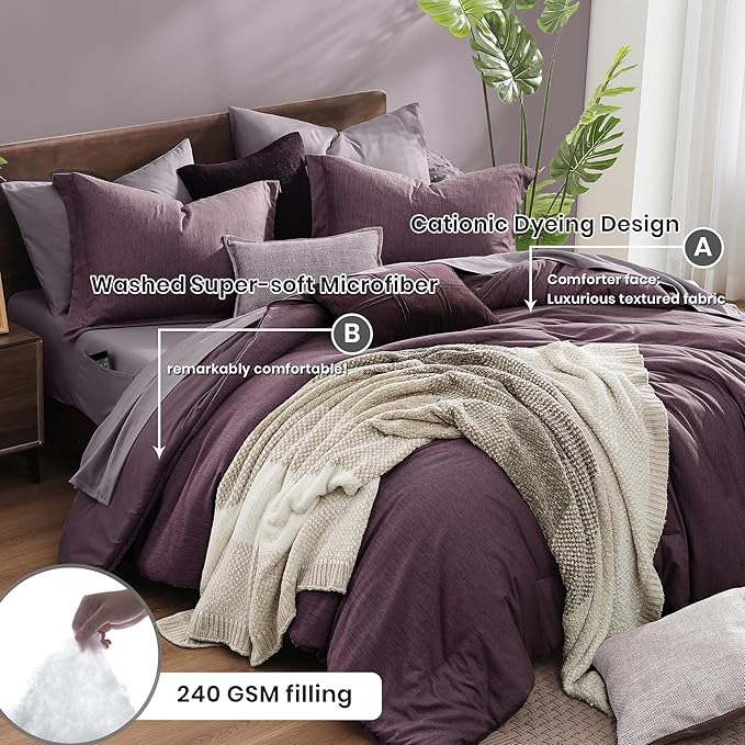 Monbix Full Size Comforter Set, Italian Plum Bedding Comforter for Full Size Bed Set Reversible, Bedding Sets Full 7 Pieces, Cationic Dyeing Bed in a Bag with Comforter, Sheets, Pillowcases & Shams