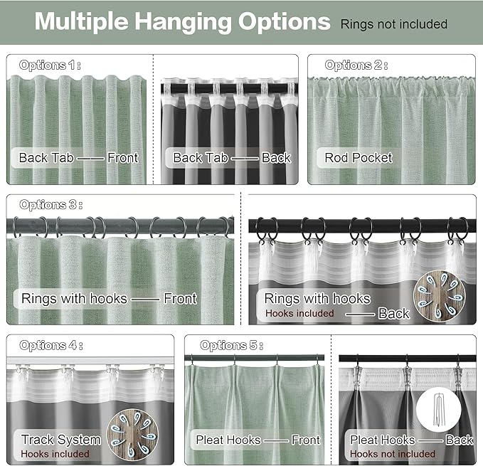 RAIN CITY Light Green Linen Blackout Curtains 96 Inch Long for Living Room,2 Panels Pinch Pleated Drape with Hooks Back Tab Boho Decor, Textured Full Black Out Curtains for Bedroom 50 x 96