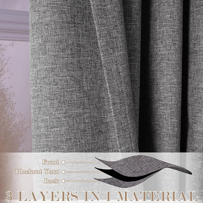 Extra Wide 100% Blackout Linen Textured Curtains - Room Dividers, W150 x L108 (1 Panel), Pinch Pleat Drapes for Living Room, Full Light Block Out Drapery for Sliding Door, Gray