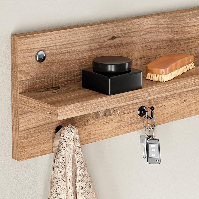 Modern Wall-Mounted Coat Rack with Shelf and Hooks - Wooden Entryway Organizer (Brown)