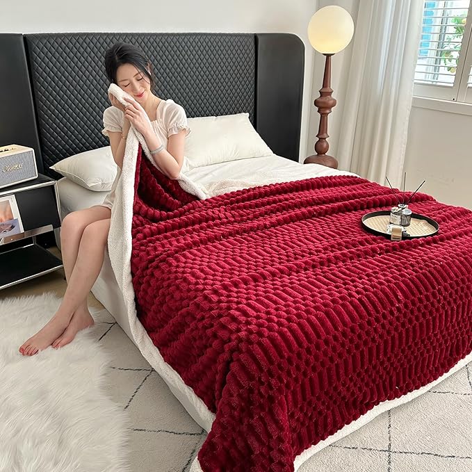 UKELER Sherpa Throw Blanket 60 × 80 inch, 470 GSM Striped Sherpa Fleece Blanket for All Season, Warm and Cozy Blankets for Couch Sofa Bed Office Camping, Red