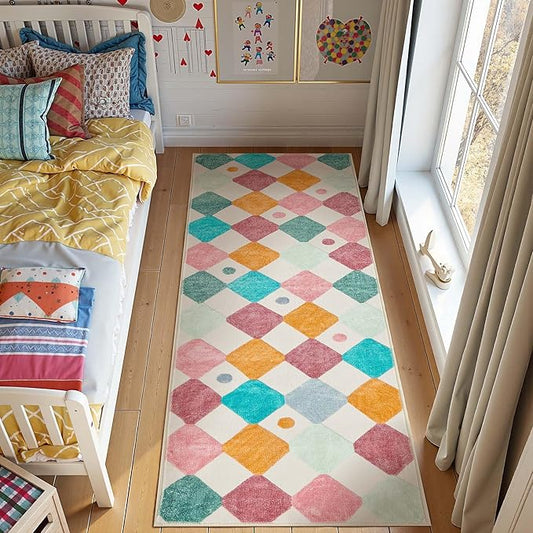 jinchan Runner Rug 2x5 Kids Hallway Washable Rug Indoor Soft Non Slip Modern Diamond Carpet for Nursery Room Bedroom Kitchen Laundry Room Confetti on Cream