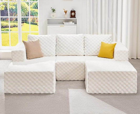 Hobestluk Modular Sectional Sofa Memory Foam Couch Oversized Sectional Sofa 3-Seater with Chaises Cloud Couch with Removable Cover U Shaped Sofa for Living Room (Plush White, U Shape)