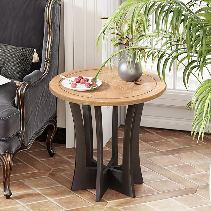 Farmhouse Round End Table with Criss-Cross Wood Legs, Rustic French Country Side Table for Dinning or Living Room, Modern, Black, Natural Wood