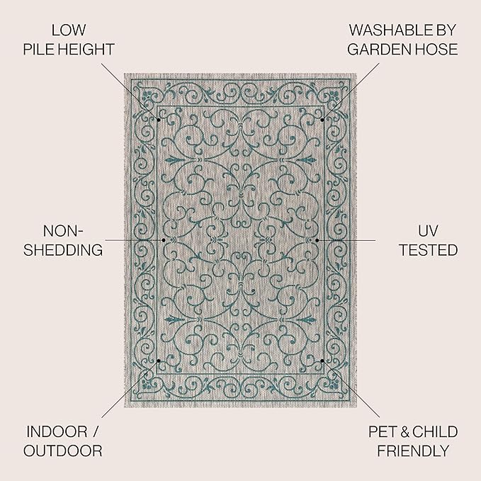 JONATHAN Y Vintage Filigree Indoor Outdoor Area Rug 4X6 Gray/Teal, Charleston Textured Weave for Backyard, Patio, Porch, Easy-Cleaning, High Traffic, Pet-Friendly, Non-Shedding (SMB106E-4)