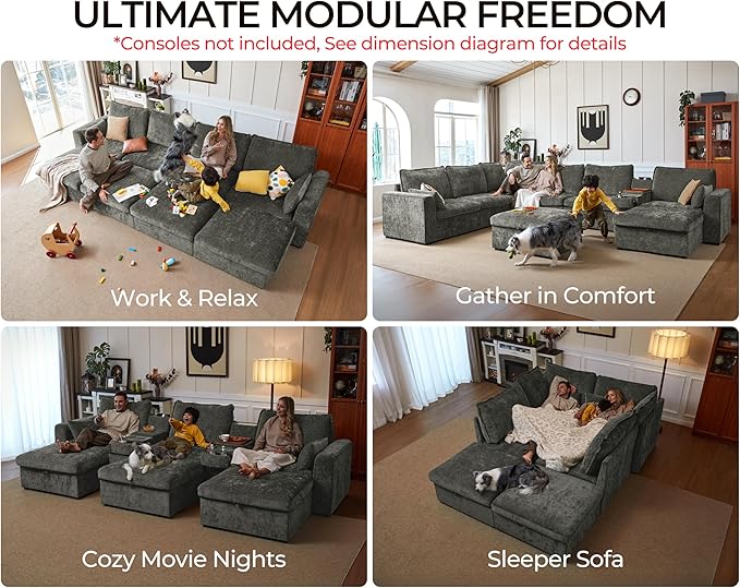Oversized Modular Sofa Comfy Cloud Couch with Storage, Extra Deep Plush Sectional Sofa Set for Living Room, Covers Washable, Chenille, Olar (Grey, 6-Seater with 3 Ottomans, Sleeper)
