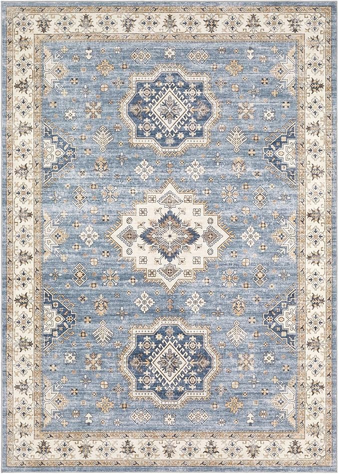 Washable Area Rugs for Living Room -10x13 Neutral Vintage Distressed Floral Farmhouse Boho Large Soft Floor Rug Indoor Non Slip Carpet for Living Room Bedroom Dining Room Office - Blue