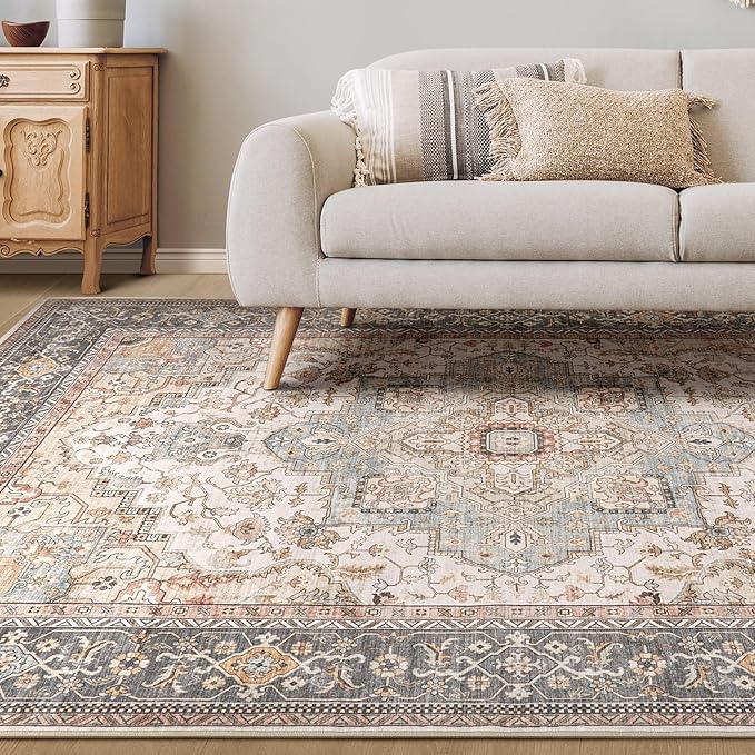 Washable Area Rugs for Living Room - 9x12 Neutral Vintage Distressed Floral Farmhouse Boho Large Soft Floor Rug Indoor Non Slip Carpet for Bedroom Dining Room Office -Forest Green Orange