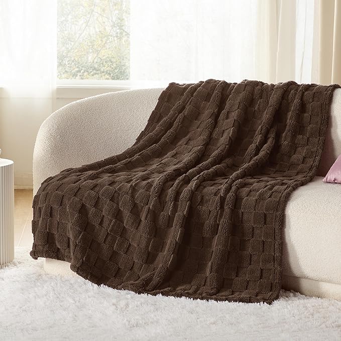 Bedsure GentleSoft Fall Throw Blanket for Couch Dark Brown - Checkered Fleece Blankets Gifts for Women Men Girls, Cute Soft Cozy Throw for Bedroom Home Decor Gifts, 50x60 Inches