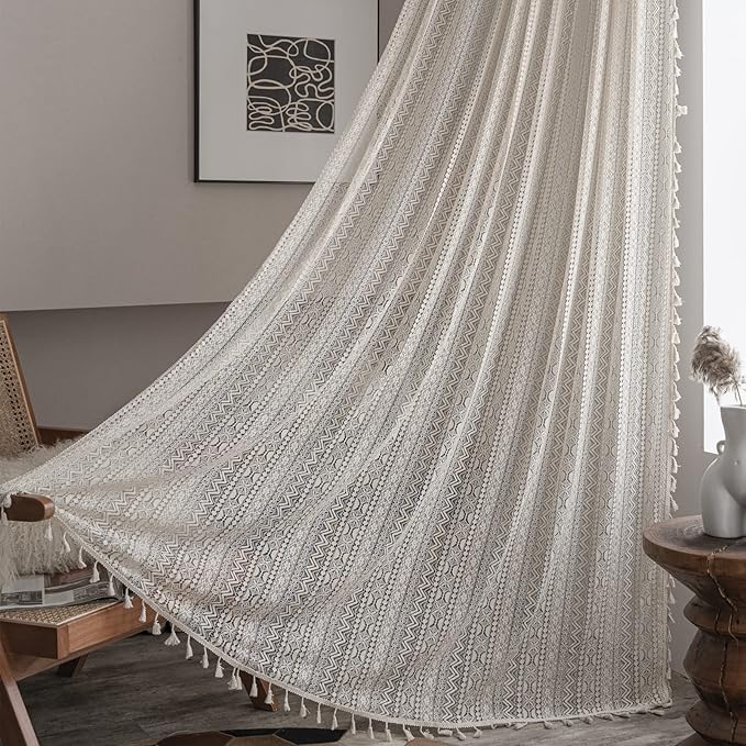 Sutuo Home Crochet Boho Curtain 63 Inches Length, Sheer Lace Handmade Tassels Knitted Window Treatment Vintage Rustic Bohemian Farmhouse Drape for Bedroom Rod Pocket 1 Panel 59" W x 63" L, Beige Wave