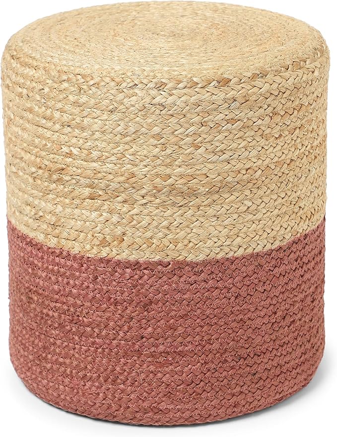 REDEARTH · Cylindrical Pouf Foot Stool Ottoman - Jute Braided Pouffe Poof Accent Sitting Footrest for Living Room, Bedroom, Nursery, Patio, Lounge Set of 2 (Natural Rust, 14.5"x14.5"x16")