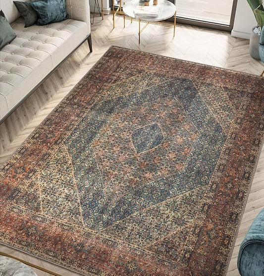 Keen Home Design 8x10 Rug - Machine Washable Area Rug with Non-Slip Backing, Ideal for Living Room, Dining Room, Bedroom - Vintage, Easy Clean, Durable, Low Pile Rug - (8' x 10')