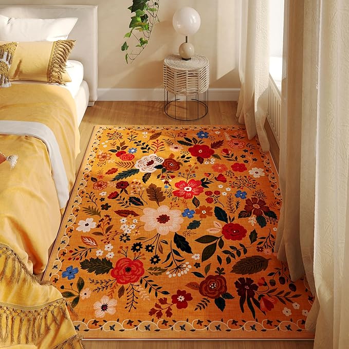 Area Rug 4x6 Rug Washable Boho Rugs Non Slip Low Pile Floral Small Carpet for Bedroom, Bedside, Kids Room, Office, Dining Room(Yellow)