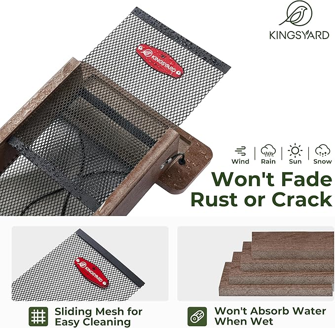 Kingsyard Metal Mesh Bird Feeder for Outdoors Hanging, Finch Feeder for Nyjer/Thistle, Sliding Mesh & Built-in Perch, Recycled Plastic, Brown
