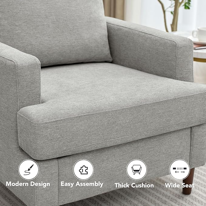 Mid-Century Accent Chair,Modern Linen Fabric Armchair for Living Room,Comfy Upholstered Reading Accent Chairs for Bedroom,Single Sofa Chair with Wood Legs (Light Grey, 1 Pack)