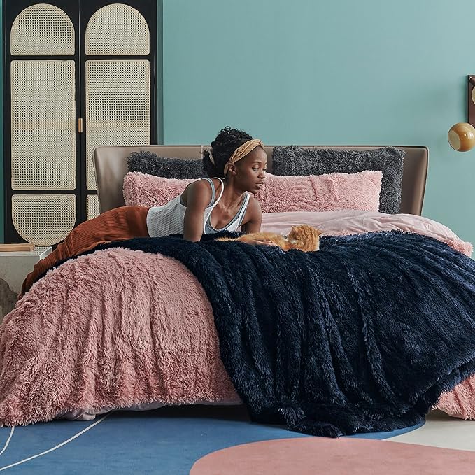 Bedsure GentleSoft Fluffy Navy Blue King Size Blanket for Bed, Thick Soft Sherpa Faux Fur Fleece Bedding Fuzzy Plush Winter Warm Heavy Large King Blanket, Cozy Blue Gifts for Men Women, 108x90