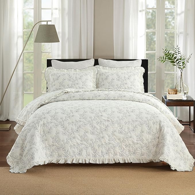 MarCielo 3-Piece 100% Cotton Bedspread Lightweight Quilt Coverlet Embroidery Farmhouse Bedding Set (Floral,Queen (98" X 90"))