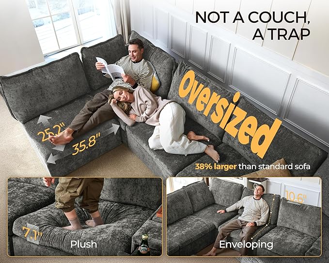 Oversized Modular Sofa Comfy Cloud Couch with Storage, Extra Deep Plush Sectional Sofa Set for Living Room, Covers Washable, Chenille, Olar (Grey, 8-Seater with Corner & 2 Ottomans, u-Shaped)