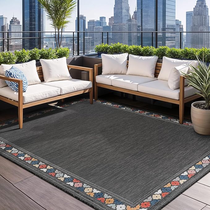 Beverly Rug Outdoor Rug 6x9 Modern Bordered Area Rugs for Indoor and Outdoor Patio Easy to Clean Non Shedding Living Room Porch Garden Washable Outside Carpet (6 x 9 Dark Gray)