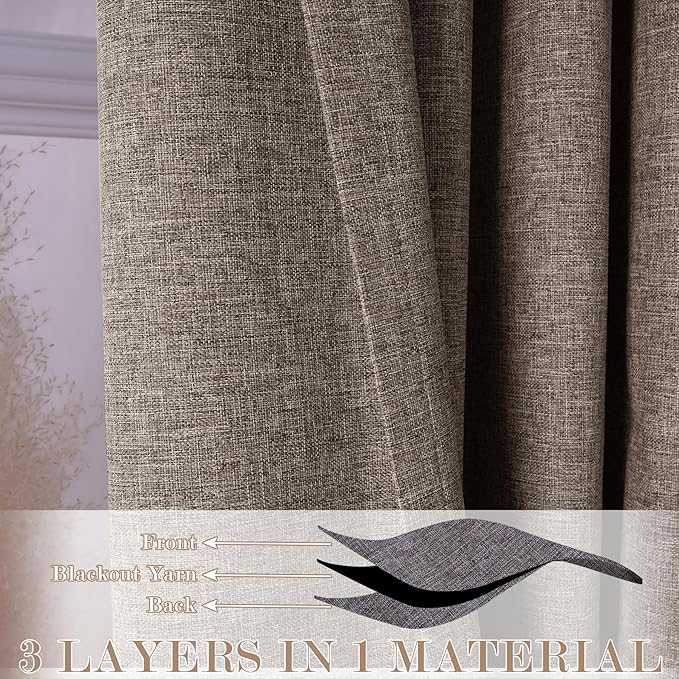 Light Brown Pinch Pleat 100% Blackout Drapes Linen Blend, Room Divider, Room Darkening, Energy Saving, Furniture Protecting, Light Blocking Extra Wide Privacy Curtains, 200Wx108L, 1 PC