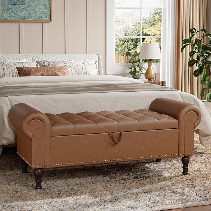51" Storage Ottoman Bench for Bedroom, Full Queen Storage Bench with Button, Upholstered Bedroom Bench with Rolled Arms for Living Room, Storage Room, Entryway, Brown