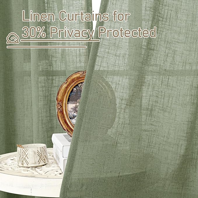 LAMIT Living Room Linen Curtains 95 Inch for Bedroom, Bronze Grommet Linen Textured Sheer Curtains Light Filtering Burlap Drapes for Farmhouse, 2 Panels, 52 x 95 Inch, Sage Green