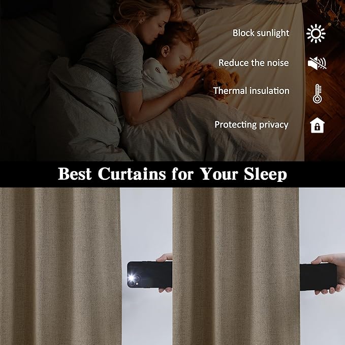 RAIN CITY 90 Inch Long Blackout Curtains 2 Panels Set,70 Inch Wide Back Tab Pleated Curtains with Hooks Track System,Energy Efficinet Linen Blend Drapes for Dining Room Hoom Office 70x90,Linen Brown