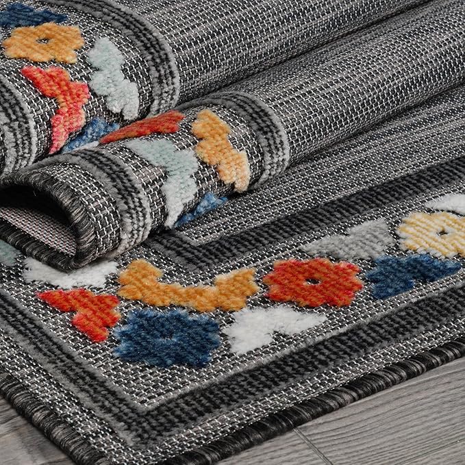 Beverly Rug Outdoor Runner Rug 2x7 Modern Floral Bordered Area Rugs for Indoor and Outdoor Patio Easy to Clean Non Shedding Living Room Porch Garden Washable Outside Carpet (2 x 7 Dark Gray)