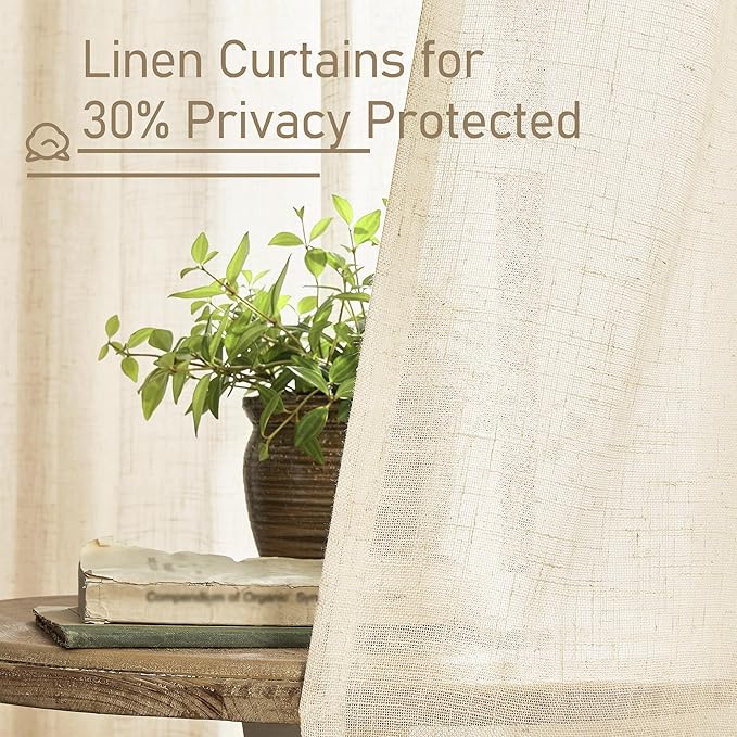 LAMIT Window Linen Curtains 45 Inch Length 2 Panels, Beige Light Filtering Panels Bronze Grommet Neutral Drapes for Bathroom/Loft Room, 34 x 45 Inch