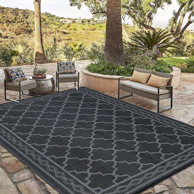 GAOMON Outdoor Rug Waterproof 8'x10', Reversible Outdoor Plastic Straw Rug, Boho Patio Rug, Indoor Outdoor Carpet, RV Mat Outside for Patio, Camp, Picnic, Balcony, Deck, Black/Grey(Geometric)