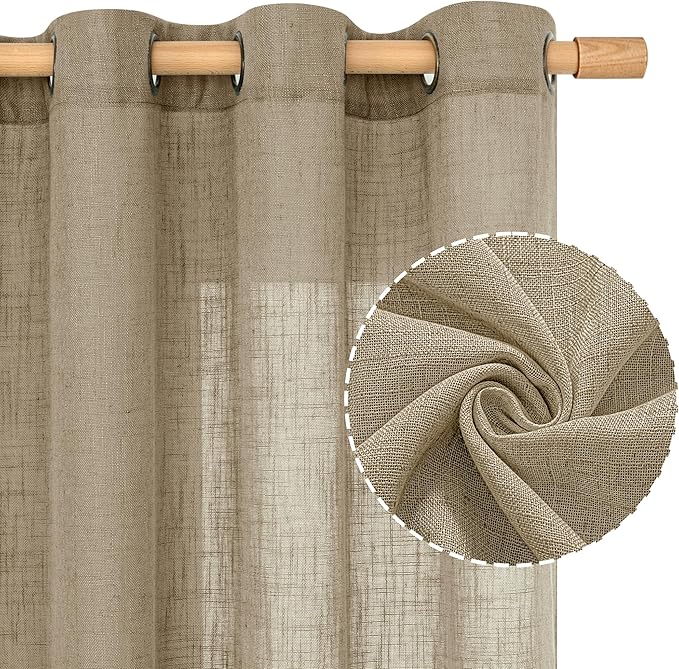 LAMIT Taupe Linen Curtains 90 Inch Length for Living Room, Soft Thick Linen Textured Window Panels Semi Sheer Light Filtering Bronze Grommet Farmhouse Country Decor Drapes, 2 Panels, 52 x 90 Inch