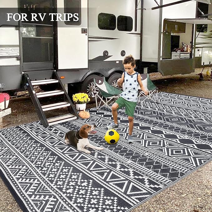 GAOMON Reversible Outdoor Rug 9'x18' Waterproof Plastic Straw Rug, Patio Rug, Large Modern Area Rug Carpet, Indoor Outdoor Rugs for Camping, Porch, Deck, Balcony, Backyard, Grey/White(Bohemia)