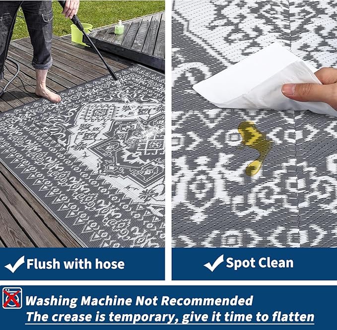 GAOMON Outdoor Patio Rug 9x12 Waterproof Reversible Plastic Straw Rug, Large UV-Resistant Portable RV Camping Mats, Indoor Outdoor Rugs for Outside Deck Porch Garden RV, Gray & White