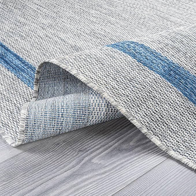 Bordered Outdoor Rug 9x12 Washable Outside Carpet for Indoor Patio Porch Waterproof Easy Cleaning Non Shedding Area Rugs Silver Gray - Blue 9 x 12