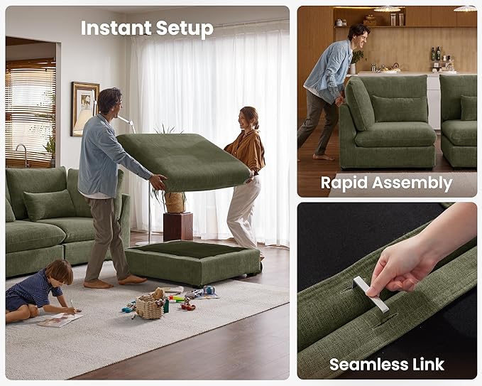 Oversized Modular Sofa, Extra Deep Cloud Chenille Sectional Couch with Ottoman Chaise, Fluffy Chenille 4 Seat L-Shaped Sofa for Living Room, Villa (L Shape 4 Seater, Chenille Green)