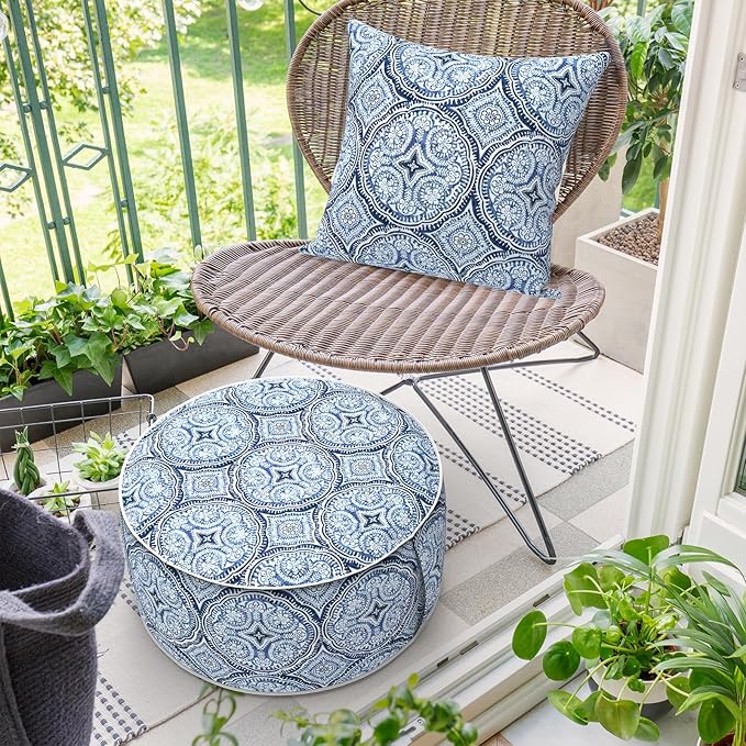 Inflatable Ottoman Stool D21 xH9 for Outdoor/Indoor Use, Water Repellent Patio Foot Rest Stool with Portable Handle,Round Pouf Ottoman Suitable for Garden,Deck and Camping - Medallion Blue