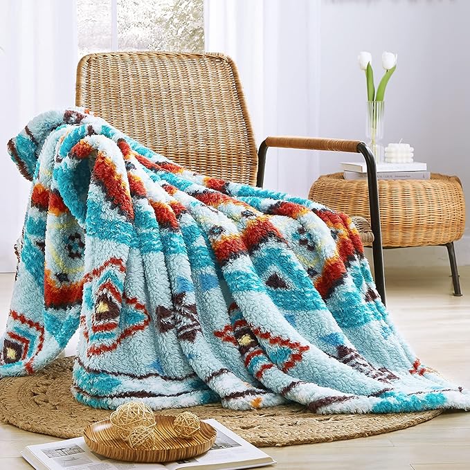 CASAAGUSTO Boho Sherpa Throw Blanket, Aztec King Size Blanket, Ultra Soft, Warm, Cozy, Plush, Thick Fleece Bohemian Throw Blanket for Couch, Bed, Sofa (Aqua 108 * 90 Inch)