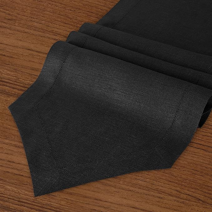 D'Moksha Homes Black Linen Table Runner 90 Inches Long - 100% Pure Linen Diamond Table Runner 14 x 90 Inch for Dining, Fall and Halloween - Machine Washable