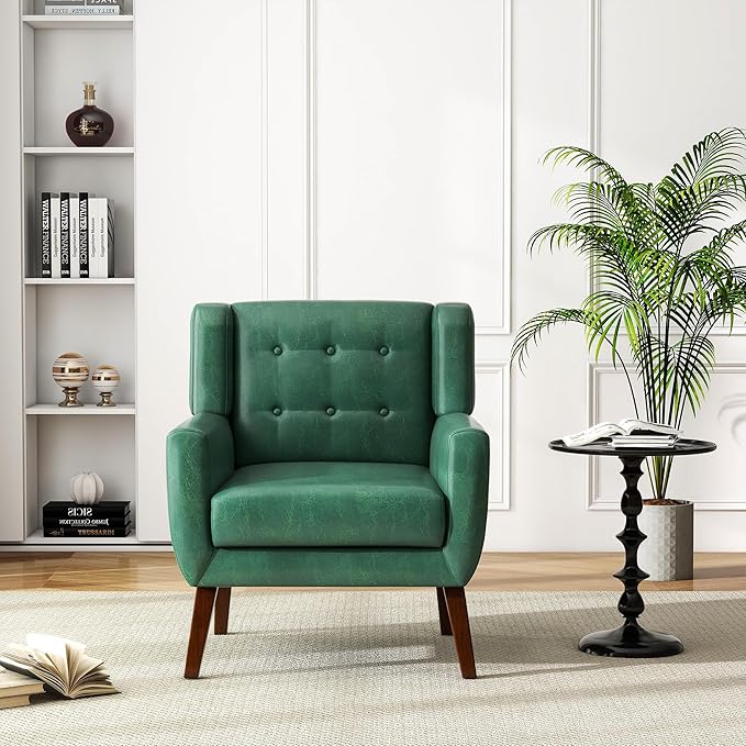 UIXE PU Leather Accent Chairs Set of 2, Modern Arm Club Chair Upholstered Armchair for Living Room, Comfy Single Sofa Seats Button Tufted Reading Seating, Green