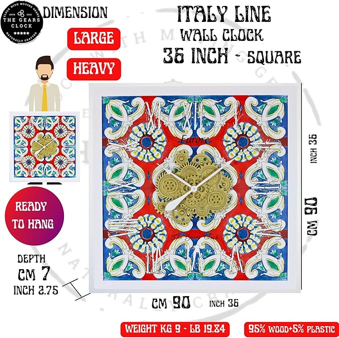The Gears Clock Wall Clock Italy Collection with Moving Gears (Positano, 36 inch Square)