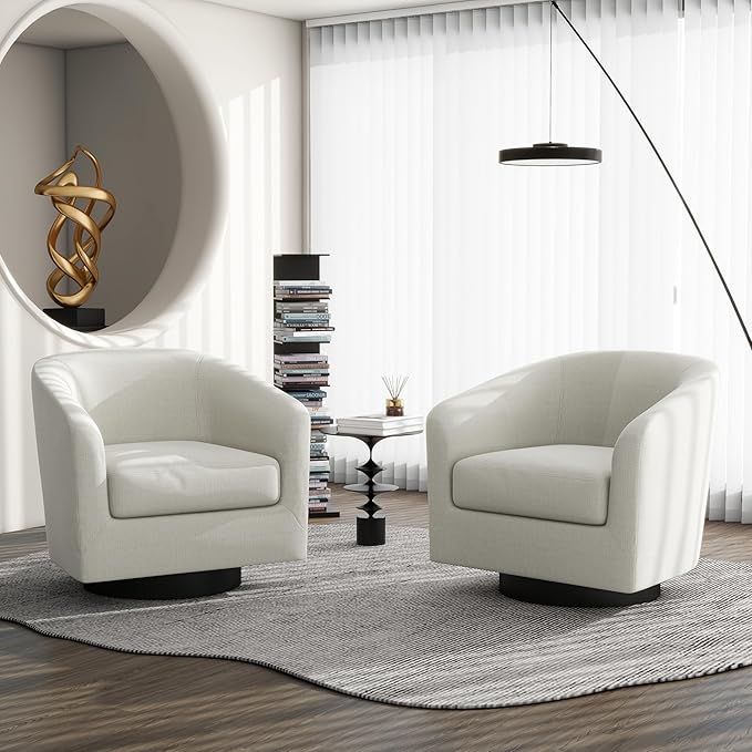 Swivel Barrel Accent Chair, Modern Round Linen Arm Chair for Living Room, Bedroom, Comfy Club Reading Chairs for Adults（Linen Fabric, Beige, Set of 4