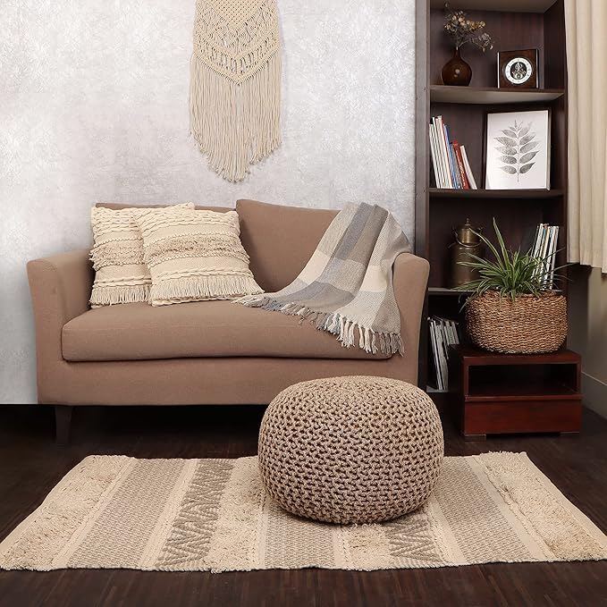 REDEARTH Round Pouf Ottoman - Hand Knitted Cable Boho Poof Home Décor Pouffe Circular Footrest for Living Room - Nursery - Bedroom - Lounge 100% Cotton (18”x18”x14”) - Beige Ivory