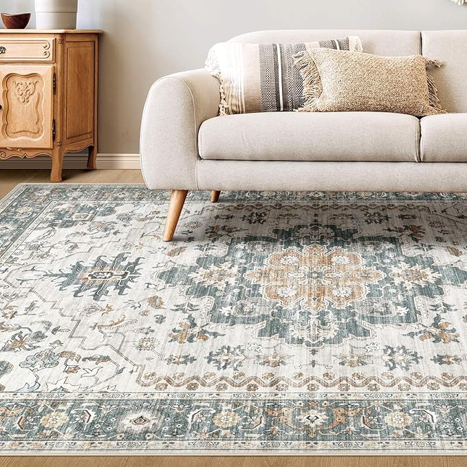 Washable Area Rugs for Living Room -10x12 Neutral Vintage Distressed Floral Farmhouse Boho Large Soft Floor Rug Indoor Non Slip Carpet for Living Room Bedroom Dining Room Office -Green/Grey