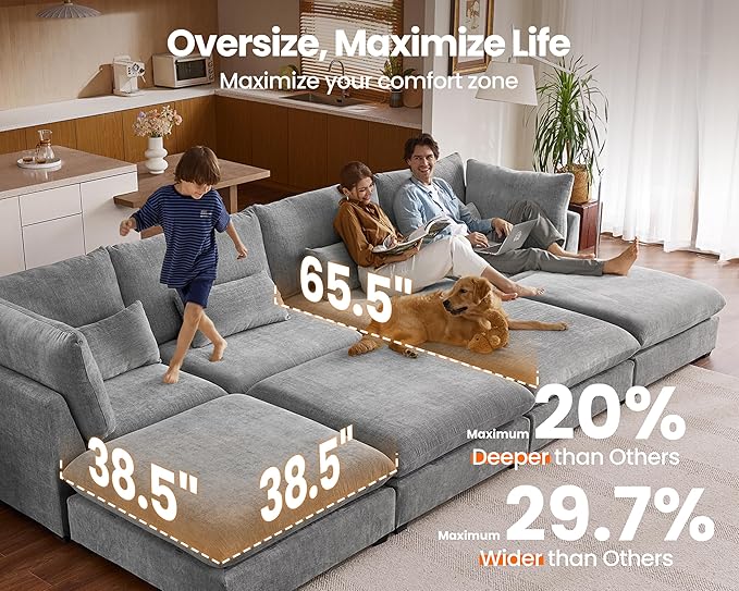 Oversized Modular Sofa, Extra Deep Cloud Chenille Sectional Couch with Ottoman Chaise, Fluffy Chenille 5 Seater Sofa Bed for Living Room, Villa (U Shape 5 Seater, Chenille Grey)