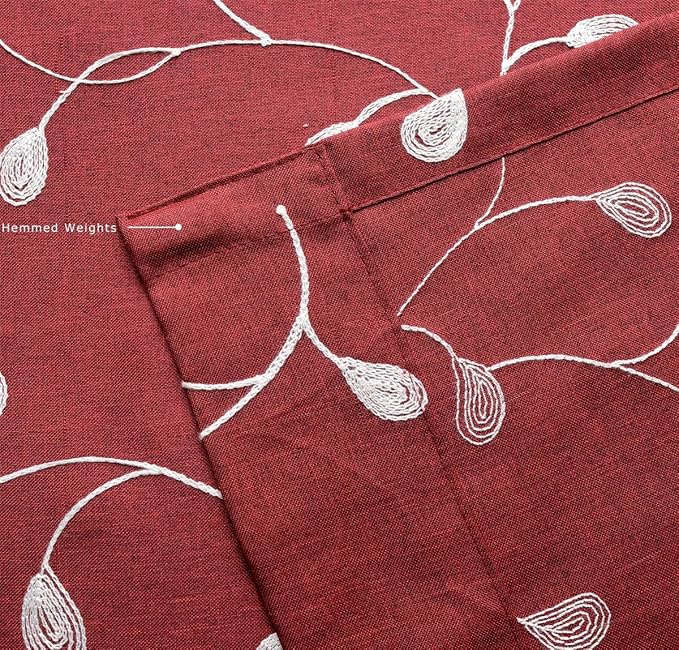 MIUCO Floral Embroidery Semi Sheer Curtain Panels Faux Linen Grommet Curtains for Kids Room 52 x 95 Inch 2 Panels, Burgundy