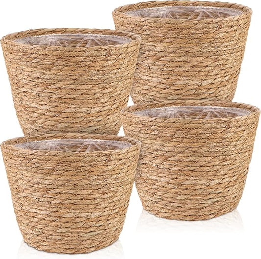 4 Pcs Large Premium Seagrass Planter Basket with Plastic Lining Natural Stylish Planter Baskets Indoor Outdoor Plants Woven Wicker Baskets for Plants Flower Pots Cover and Room Decor(10.2x7.5x7.5")