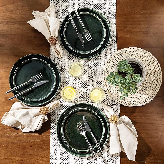 GBHOME Ceramic Dinnerware Sets for 8, 24 Pieces Stoneware Plates and Bowls Sets, Reactive Glaze Dishes -Scratch Resistant, Dishwasher&Microwave Safe, Earth Green