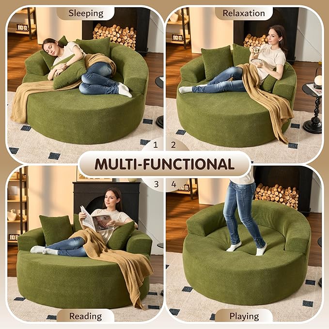 ovios 58" Oversized Round Chair Lounge Chaise Indoor, No Assembly Required, Cloud Large Circle Chair with Plush Fuax Fur, Fluffy Modern Sleeper Sofa Bed for Reading Yoga, Green (Cloud Velvet)