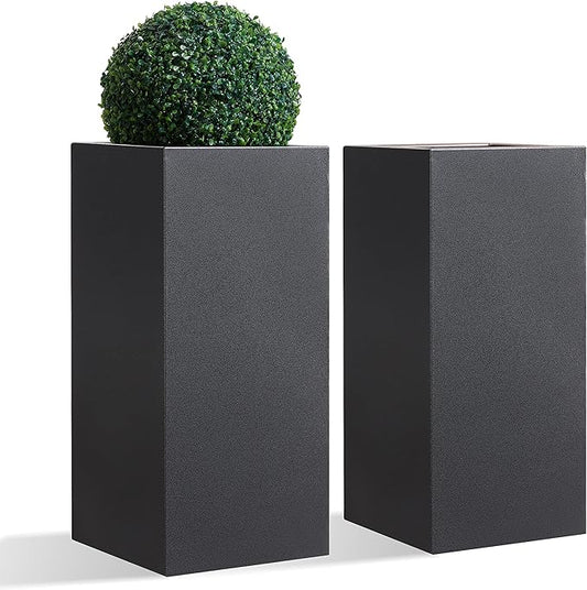 Metallic Heavy Tall Outdoor/Indoor Planter Box, Rectangular, 14Lx14Wx30H Inches, ‎25LBS/PC, Dark Gray, No Assembly Required and Seamless, Set of 2