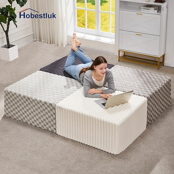 Hobestluk Rectangle Ottoman Memory Foam Footrest for Couch with Removable Cover Large Floor Seating for Adults Ottoman Coffee Table for Living Room, Bedroom or Office (Strip Grey, Footrest)
